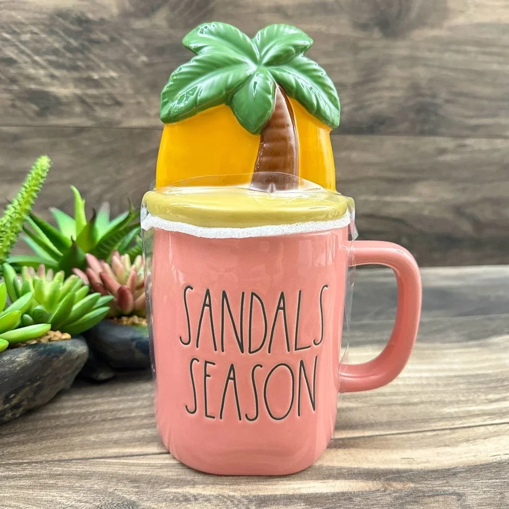 NIB RAE DUNN Sandal Season Figural Lidded Mug Pink Tropical Summer Gift Vacation